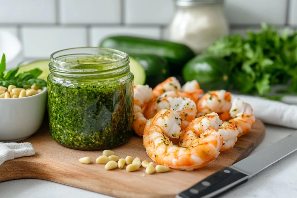 Fresh langostino tails, zucchinis, and homemade pesto on a cutting board.