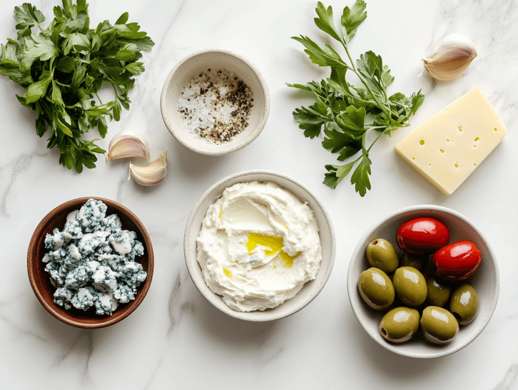 Key ingredients for dirty martini dip, including cream cheese, olive brine, blue cheese, and pimiento-stuffed olives, on a marble countertop.

