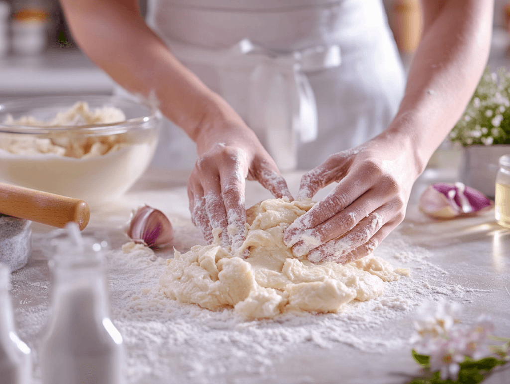 Hands kneading Greek yogurt dough on a floured surface, preparing breadsticks.


