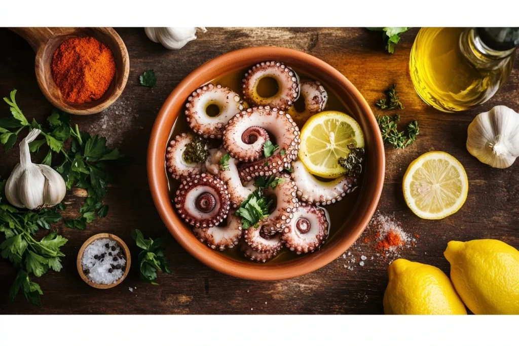 Marinated baby octopus in a ceramic bowl with olive oil, garlic, lemon, and herbs.

