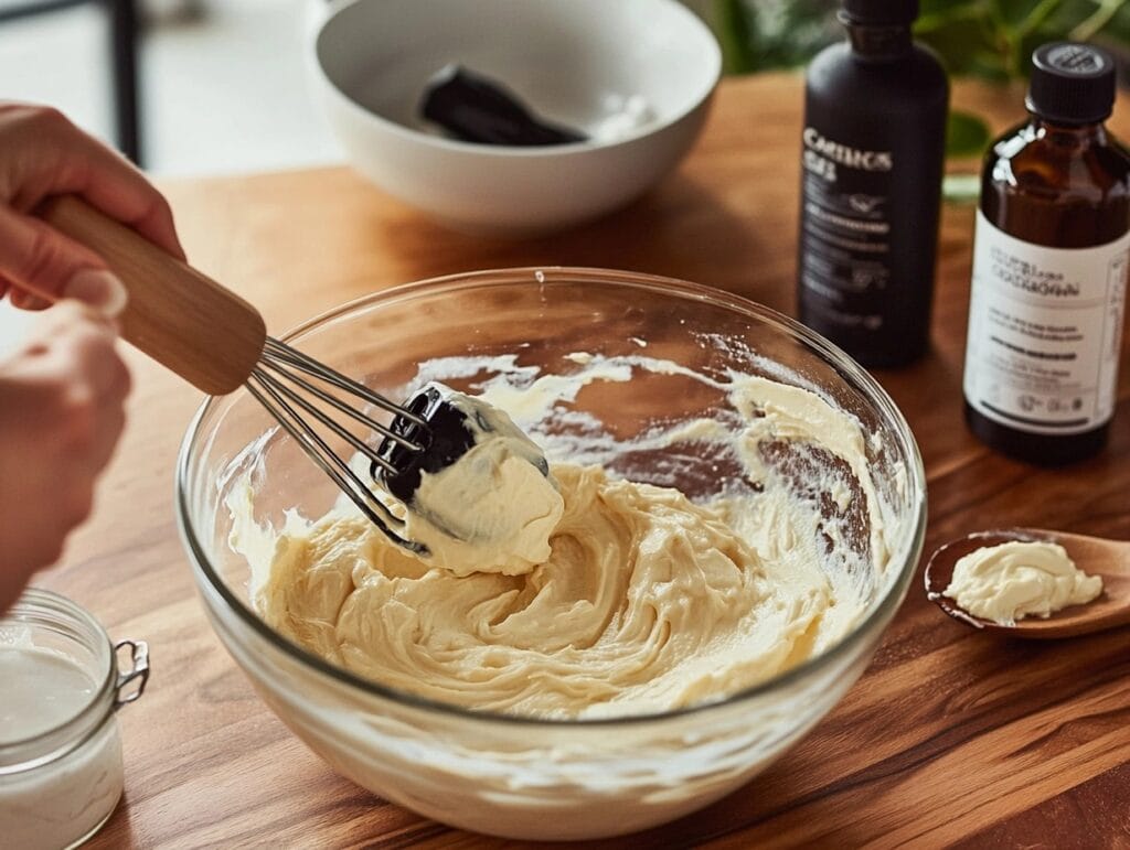 Mixing cream cheese filling in a glass bowl with a hand mixer, surrounded by baking tools and vanilla extract.