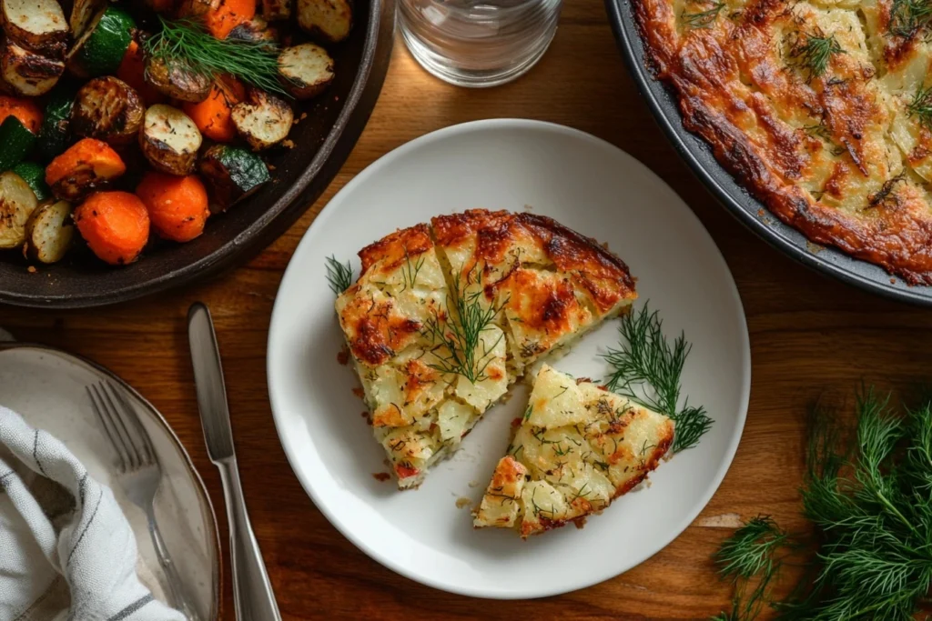 Slices of Passover potato pie served with fresh dill and roasted vegetables on a white plate.