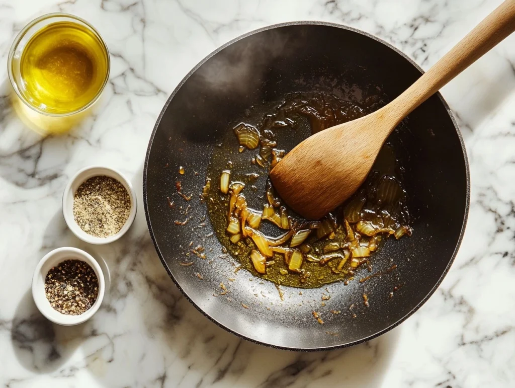 Skillet of golden caramelized onions being stirred with a wooden spoon for Passover potato pie.