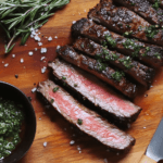 Perfectly cooked flat iron steak slices on a wooden cutting board with chimichurri sauce and rosemary.