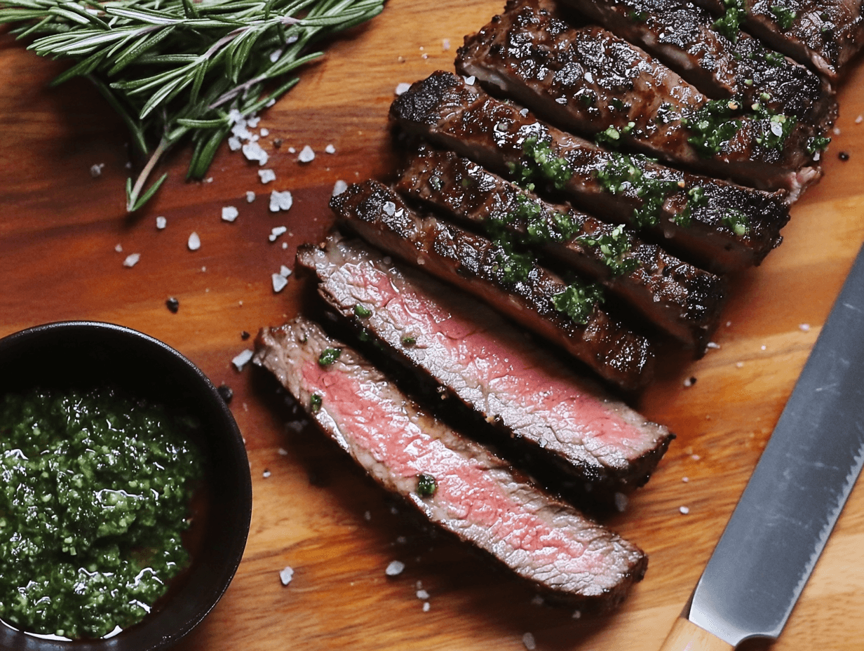 Perfectly cooked flat iron steak slices on a wooden cutting board with chimichurri sauce and rosemary.