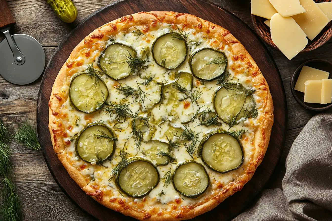 Freshly baked pickle pie pizza with a crispy crust, creamy garlic sauce, melted cheese, and thinly sliced pickles, garnished with fresh dill.