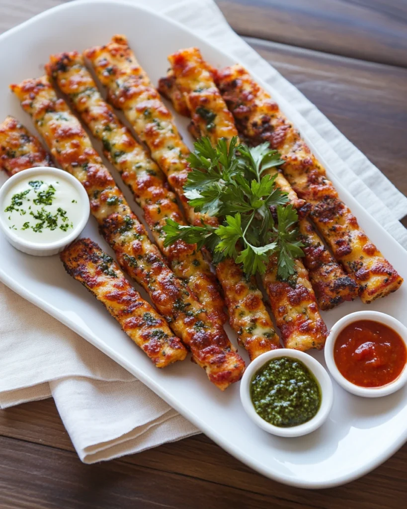 Pizza sticks on a white platter with marinara, ranch, and pesto dipping sauces, ready to serve.

