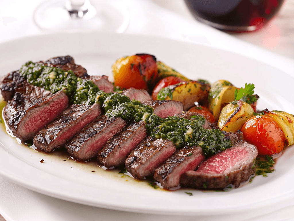 Sliced flat iron steak with roasted vegetables and chimichurri sauce on a white ceramic plate.
