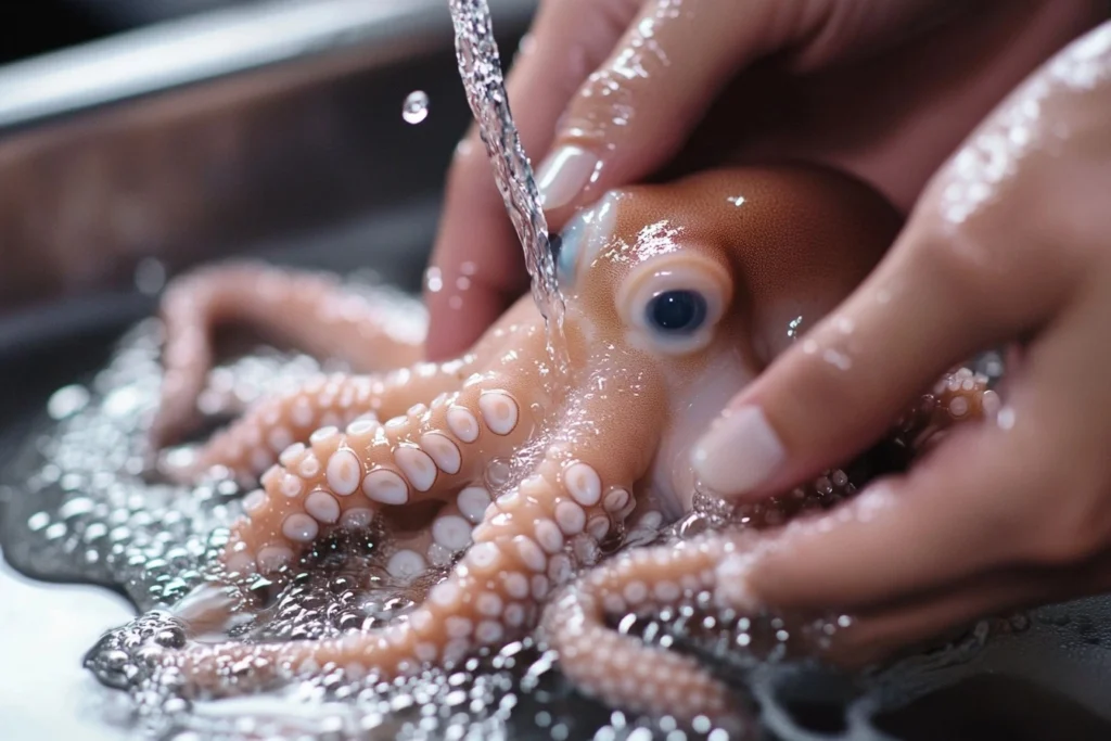 Hands cleaning baby octopus under running water in a stainless-steel sink.

