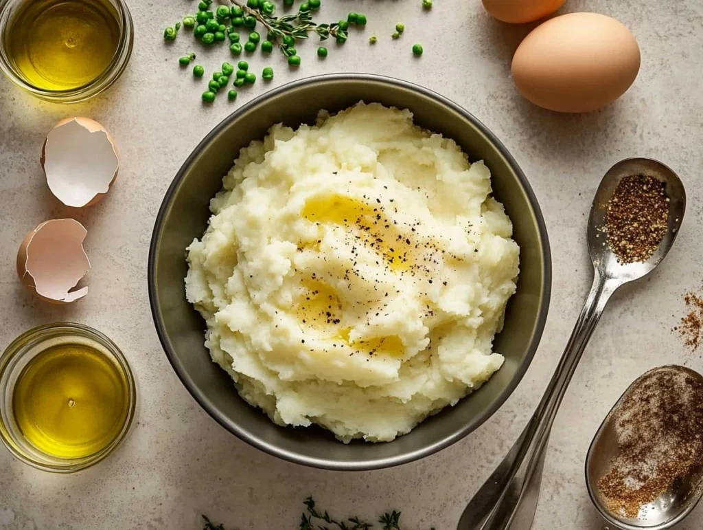 Mashed potatoes in a mixing bowl with eggs, onions, and spices prepared for Passover potato pie.