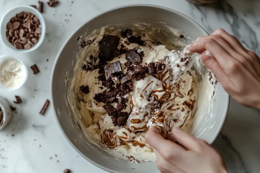 Hands folding brownie chunks, peanut butter swirls, and cheesecake filling into a creamy ice cream base in a mixing bowl.


