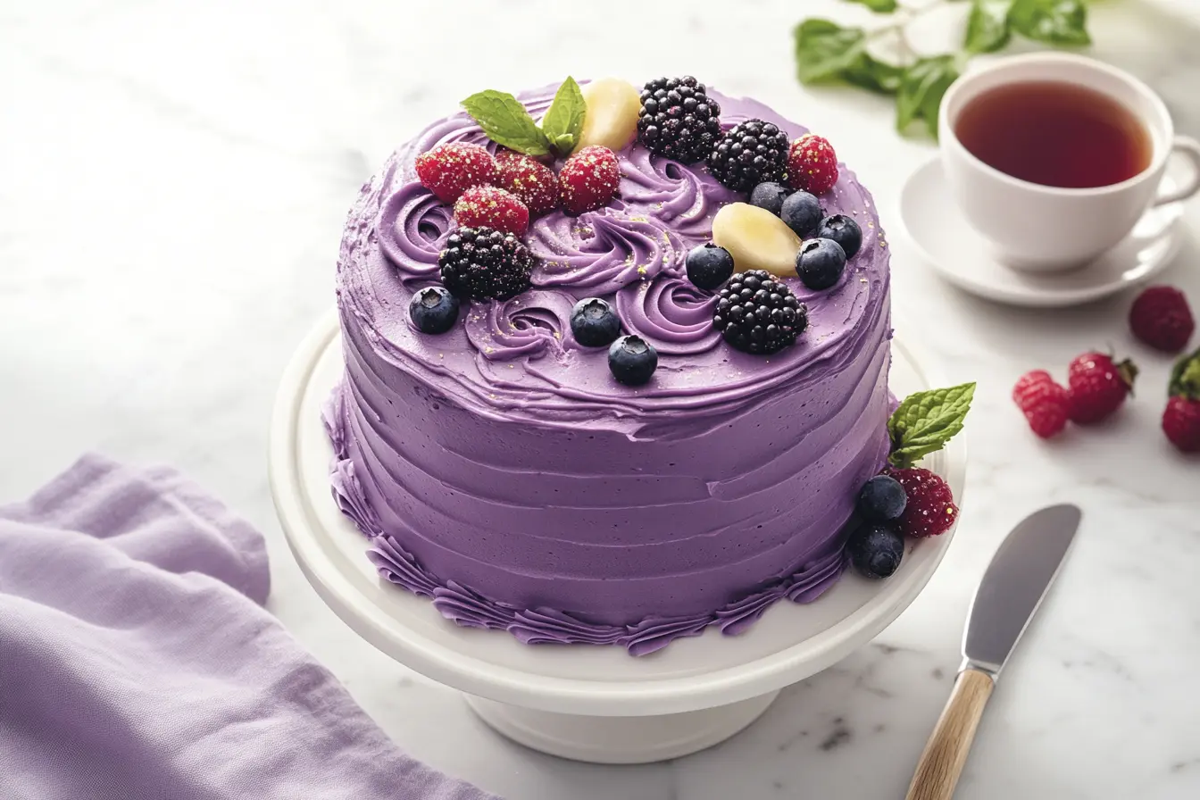 A beautifully decorated purple velvet cake with cream cheese frosting, topped with edible glitter and fresh berries, on a white cake stand.