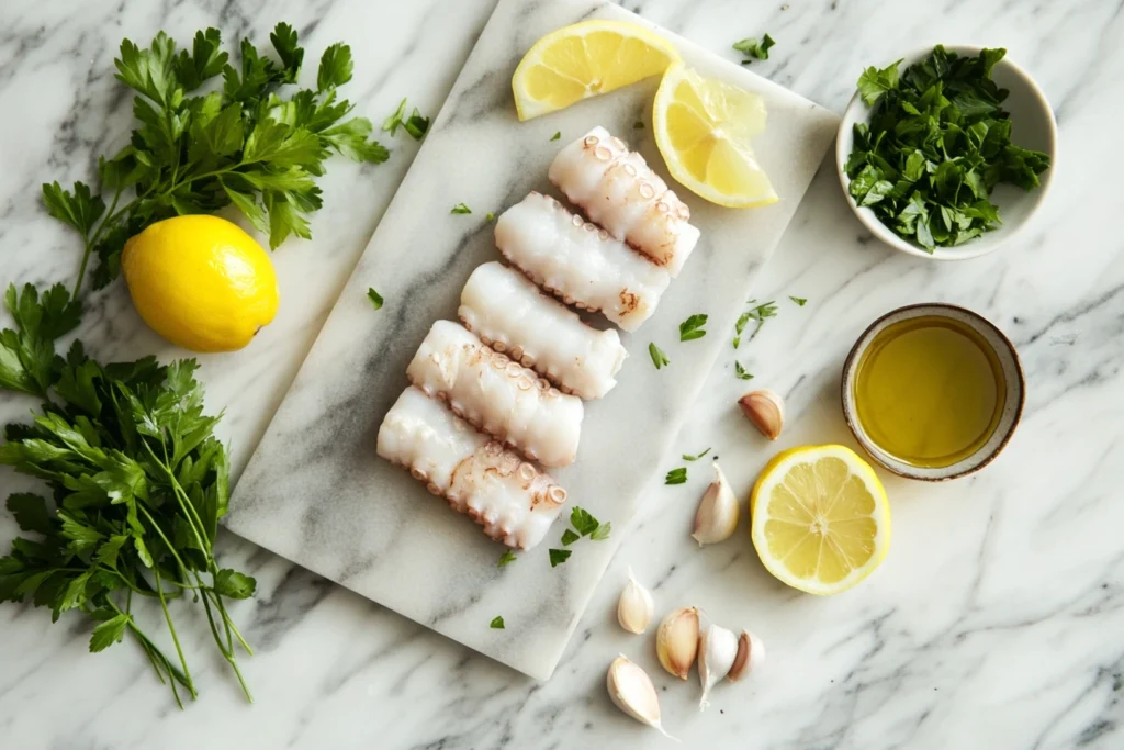 Raw baby octopus on a marble cutting board with fresh parsley, garlic, and lemon slices.

