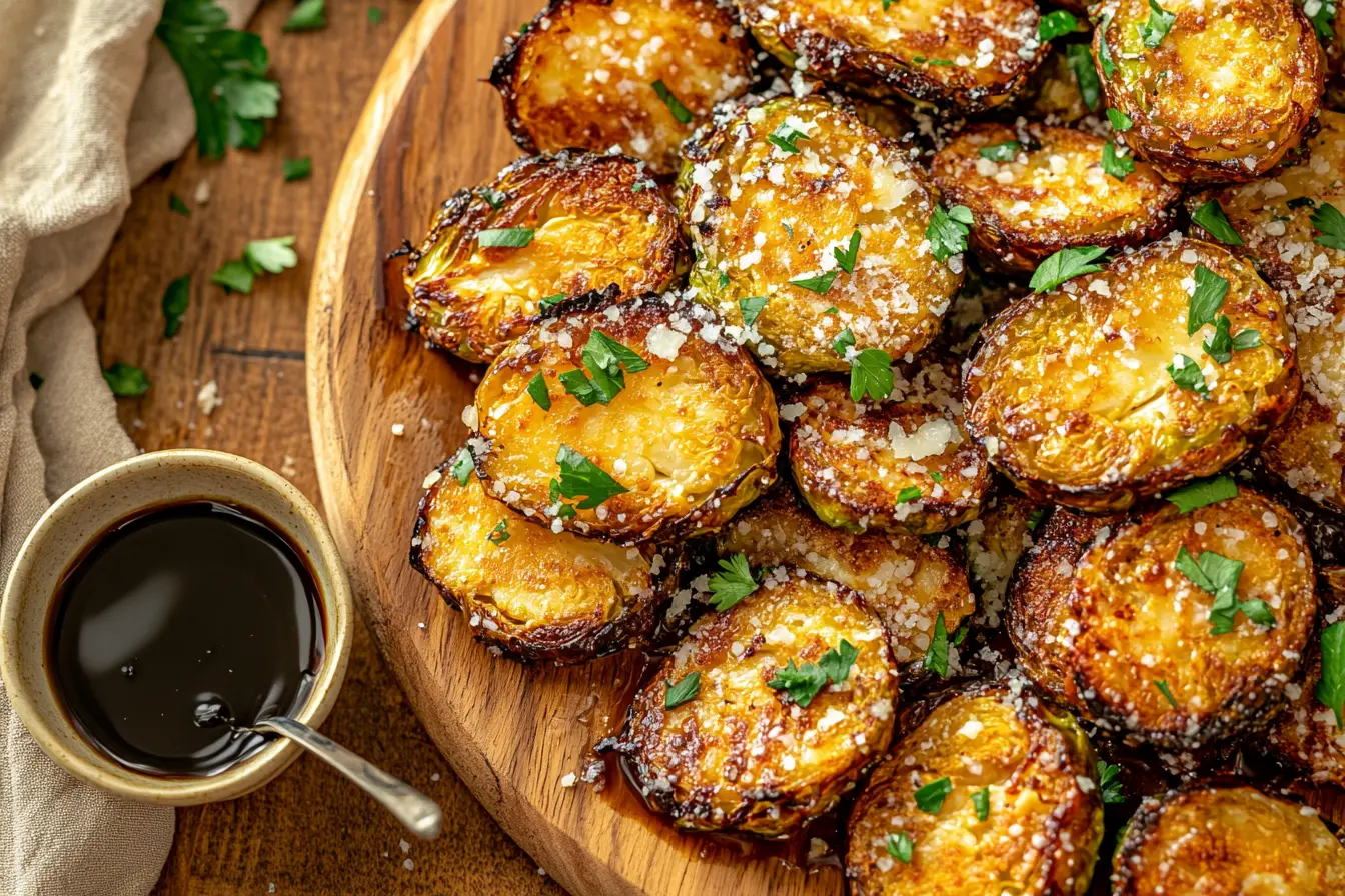 Close-up shot of roasted Brussels sprouts with Parmesan and parsley on a golden platter, served with balsamic glaze on a bright kitchen counter.