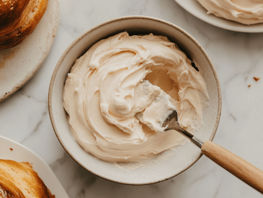 Hands spreading cinnamon sugar filling onto rolled-out dough on a floured surface.