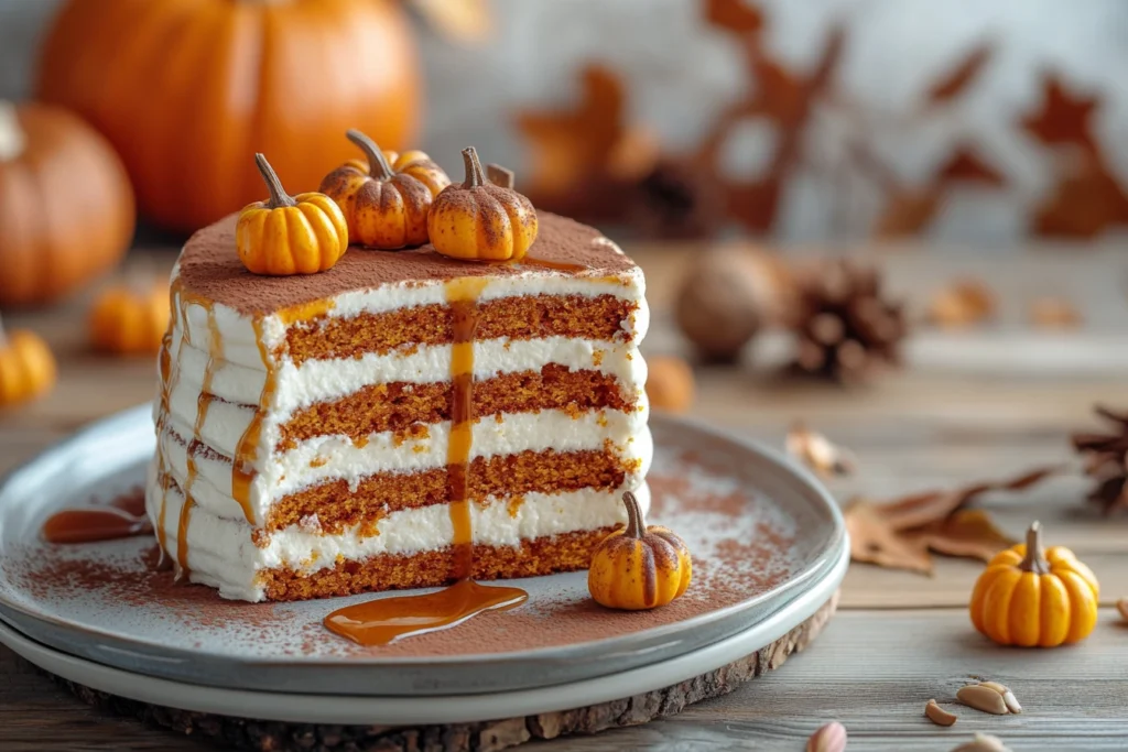 Seasonal cloud cake made with pumpkin puree, topped with caramel drizzle and cinnamon for a cozy autumn dessert.

