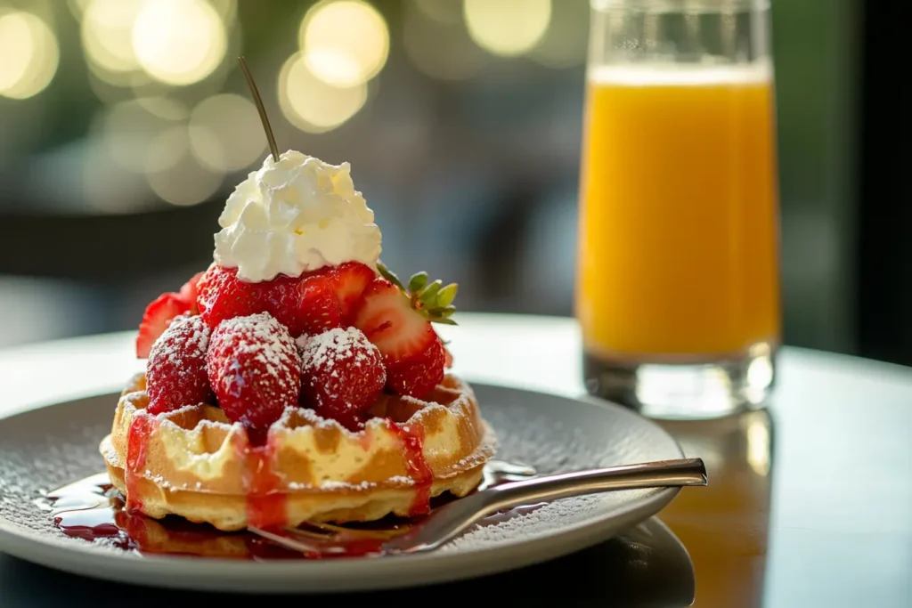 Close-up of a plated strawberry waffle topped with fresh strawberries, strawberry syrup, and whipped cream, served with orange juice.

