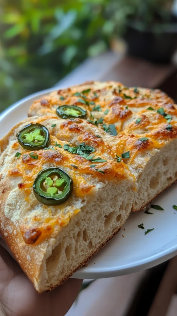 Sliced vegan jalapeño cheese artisan bread on a wooden board, served with vegan butter and pickled jalapeños.