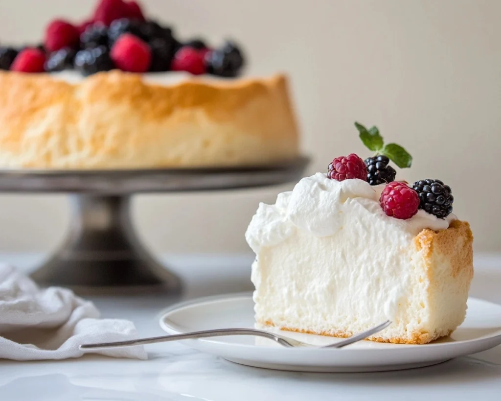 A slice of 2-ingredient cloud cake served on a white plate, topped with whipped cream and fresh berries for an elegant presentation.

