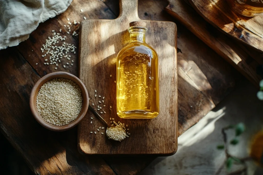 Close-up of sesame oil in a glass bottle with raw sesame seeds and a spoonful of oil on a wooden cutting board, creating a warm, inviting scene.