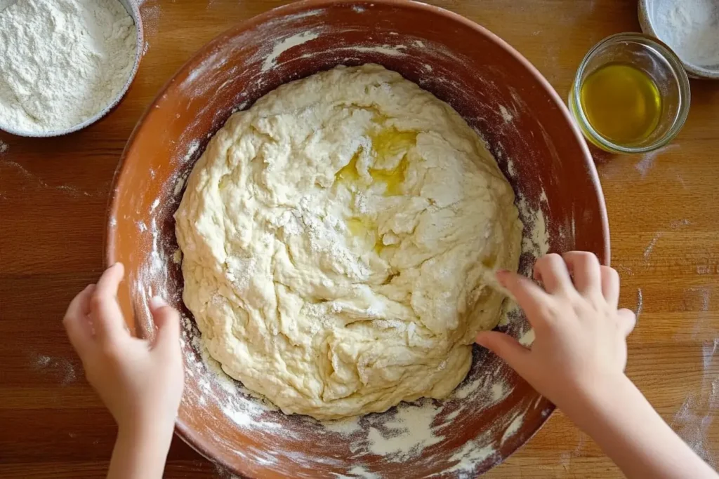 Hands mixing sourdough discard pizza dough in a ceramic bowl with flour and olive oil on a kitchen counter.