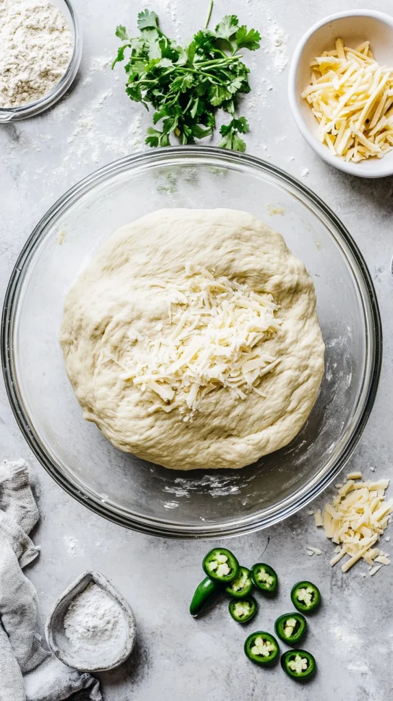  Mixing bowl with sticky bread dough, shredded vegan cheese, and jalapeño pieces, with ingredients scattered nearby.