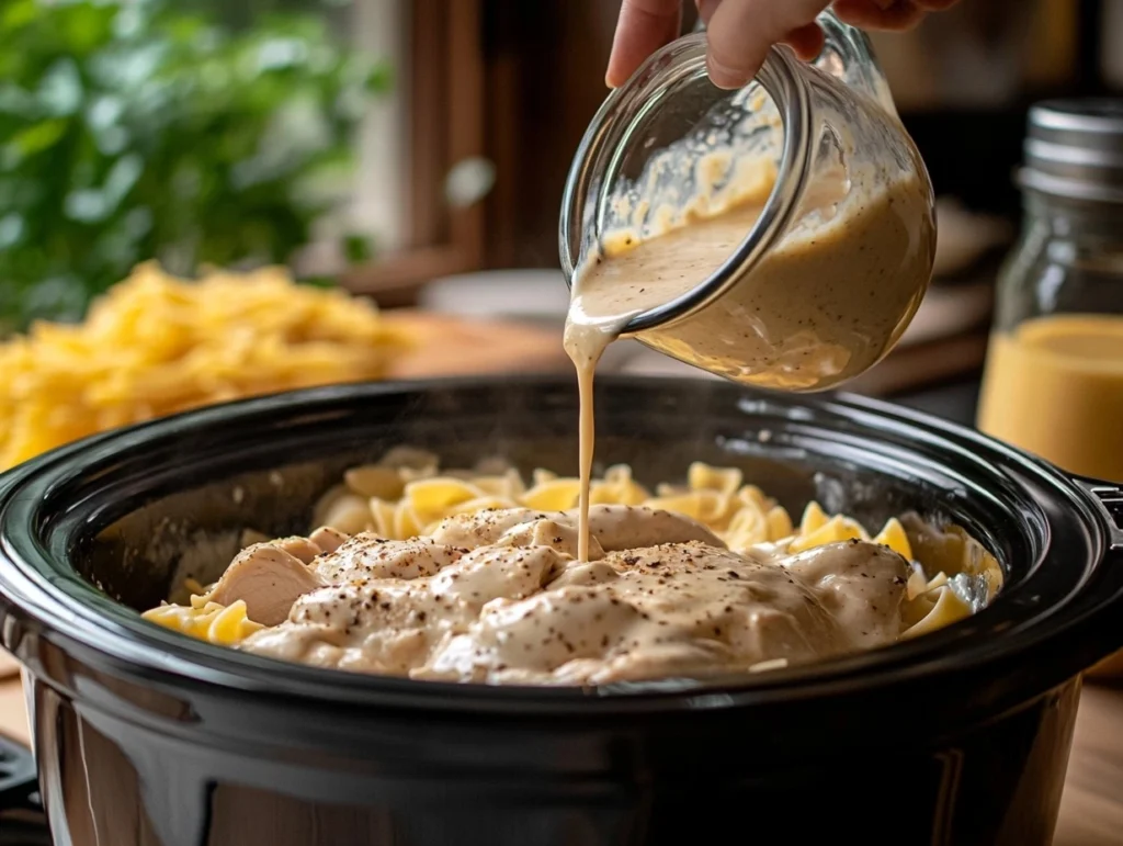 A step-by-step process of making chicken pasta in a crockpot, with sauce poured over chicken.

