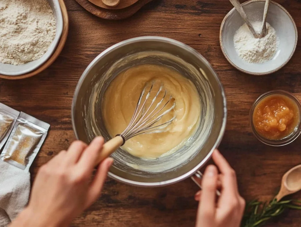 Hands whisking gelatin and fruit puree in a bowl during the preparation of 2-ingredient healthy cloud cake.

