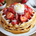 Close-up view of strawberry waffles topped with fresh strawberries, whipped cream, and syrup on a wooden breakfast table.