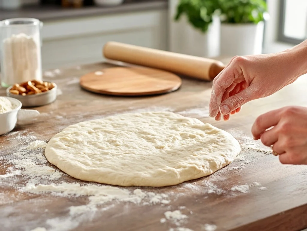 Hands shaping sourdough discard pizza dough into a round crust on a floured surface with baking tools in the background.