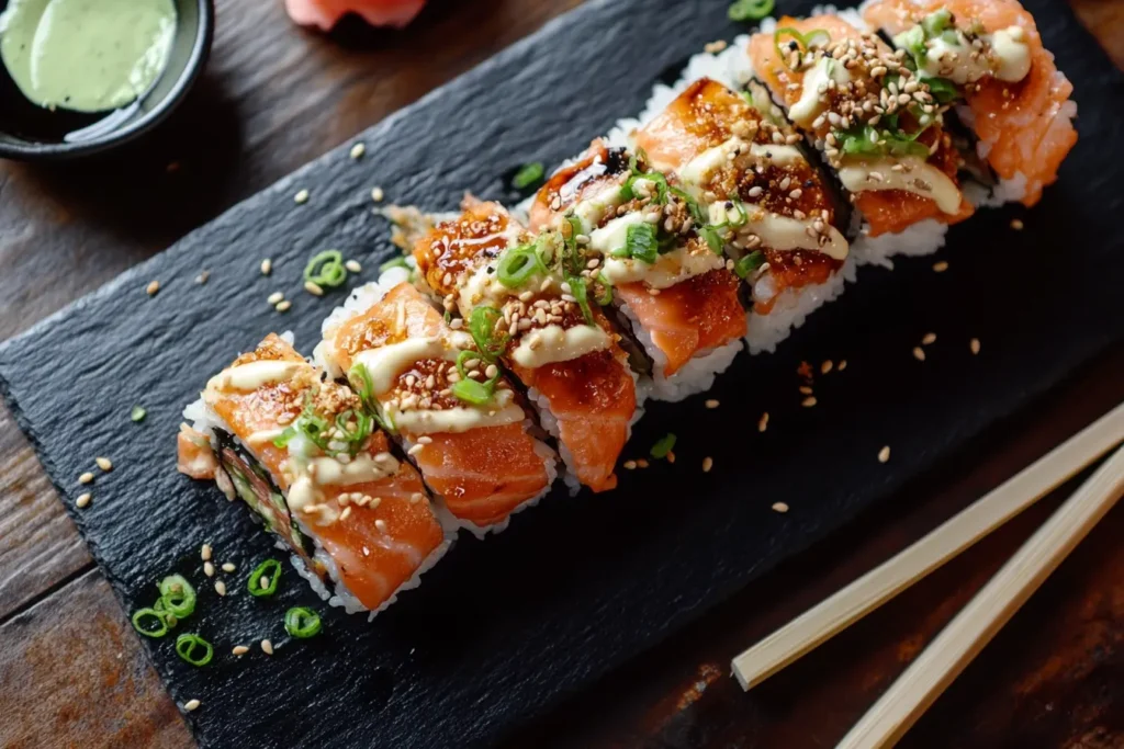 Crispy rice sushi topped with fresh salmon and avocado, garnished with sesame seeds and green onions, served on a slate plate with chopsticks and soy sauce. sushi order topped with salmon nyt