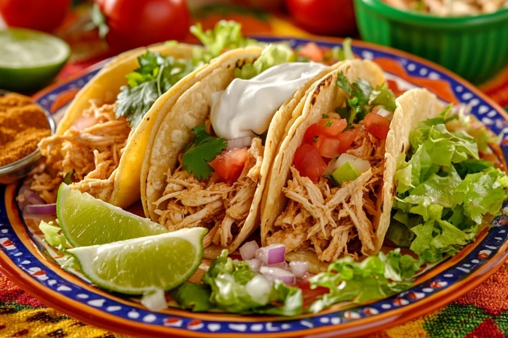 Tacos filled with seasoned chicken, fresh toppings, and lime wedges on a colorful plate.