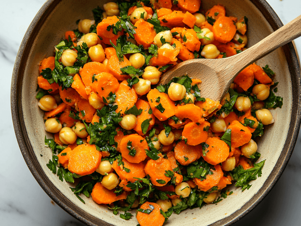 Carrot and chickpea salad with parsley lemon being tossed in a bowl with a wooden spoon, showing vibrant colors and fresh ingredients.
