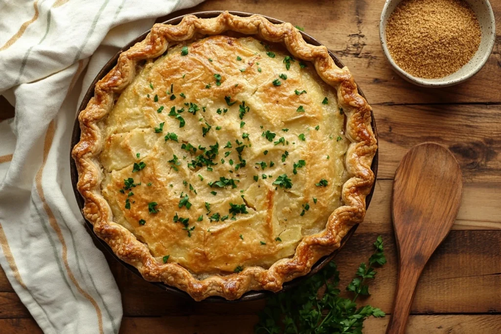 Freshly baked Passover potato pie with a golden crust, garnished with parsley, served in a rustic dish.