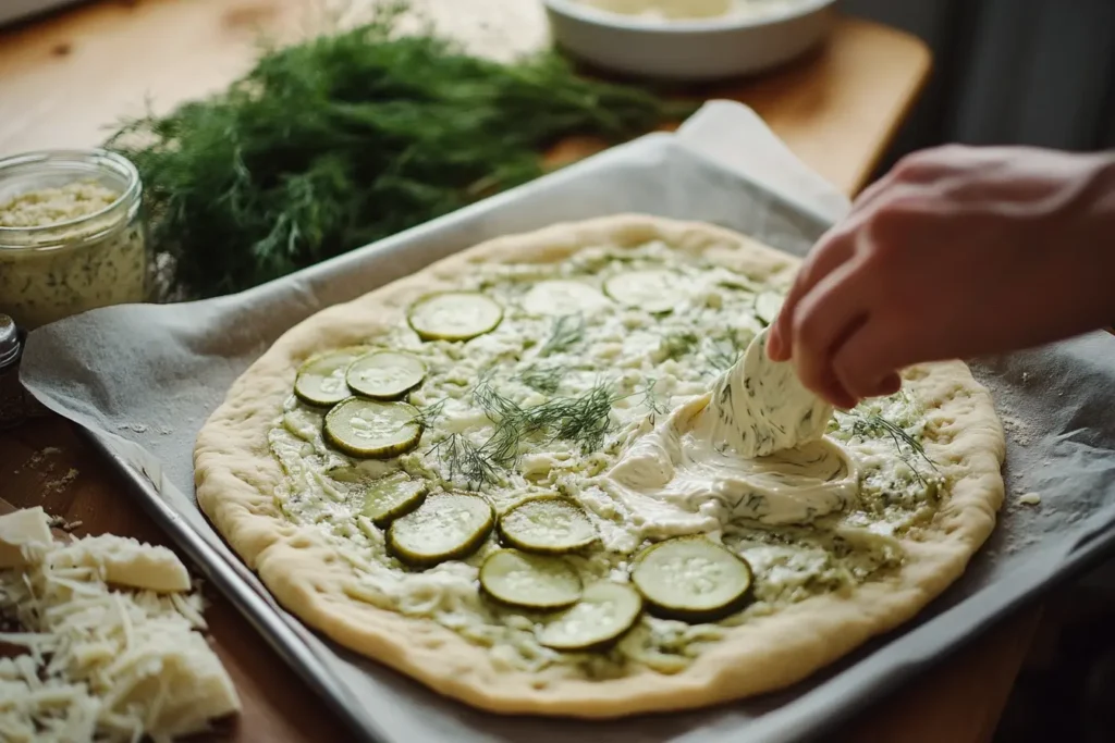 Step-by-step process of assembling pickle pie pizza, with garlic sauce spread on dough and pickles, cheese, and dill ready for topping.

