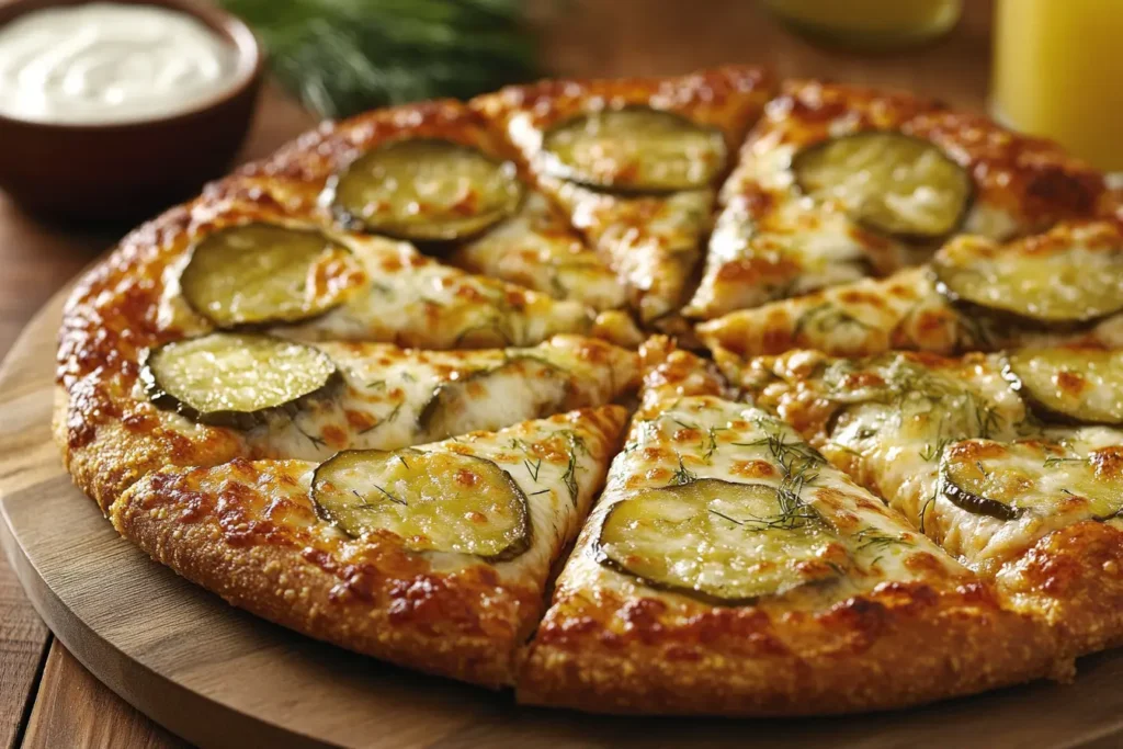 Fully baked pickle pie pizza with golden crust, melted cheese, and sliced pickles, served with ranch dressing and fresh dill garnish.

