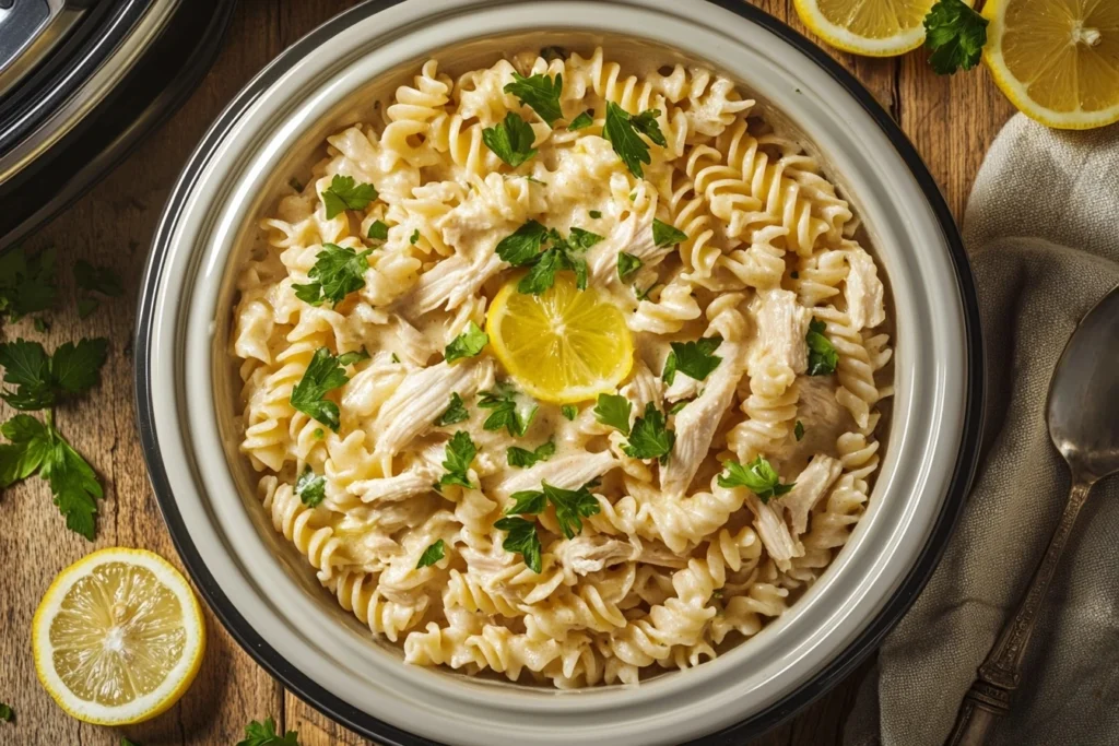 A close-up shot of creamy chicken pasta in a crockpot garnished with parsley and lemon zest.