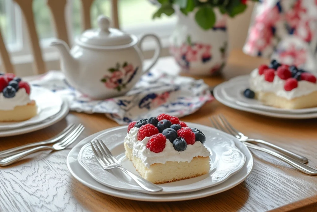 Slices of easy kefir sheet cake served with whipped cream and fresh berries on white plates.

