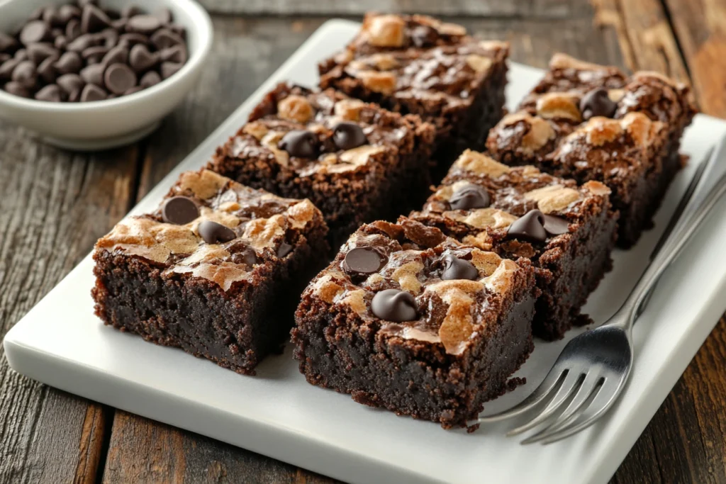 Freshly baked fudgy cake crumb brownies on a wooden board with gooey chocolate spilling out.