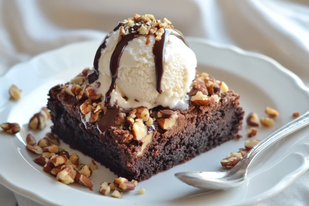 A slice of fudgy cake crumb brownie topped with vanilla ice cream, chocolate sauce, and crushed nuts on a white plate.

