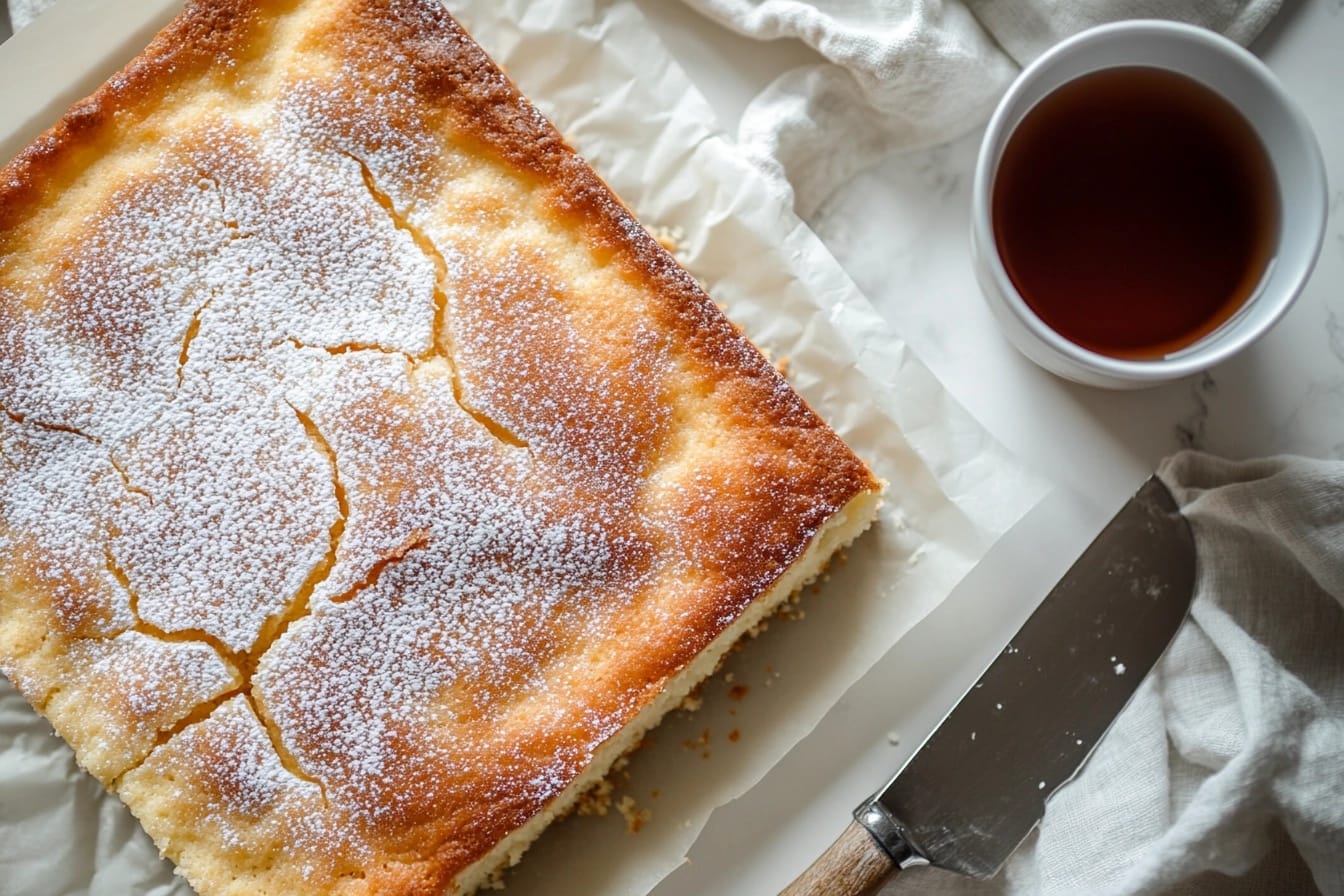 Freshly baked easy kefir sheet cake with a golden-brown top, dusted with powdered sugar, on a rustic wooden table.