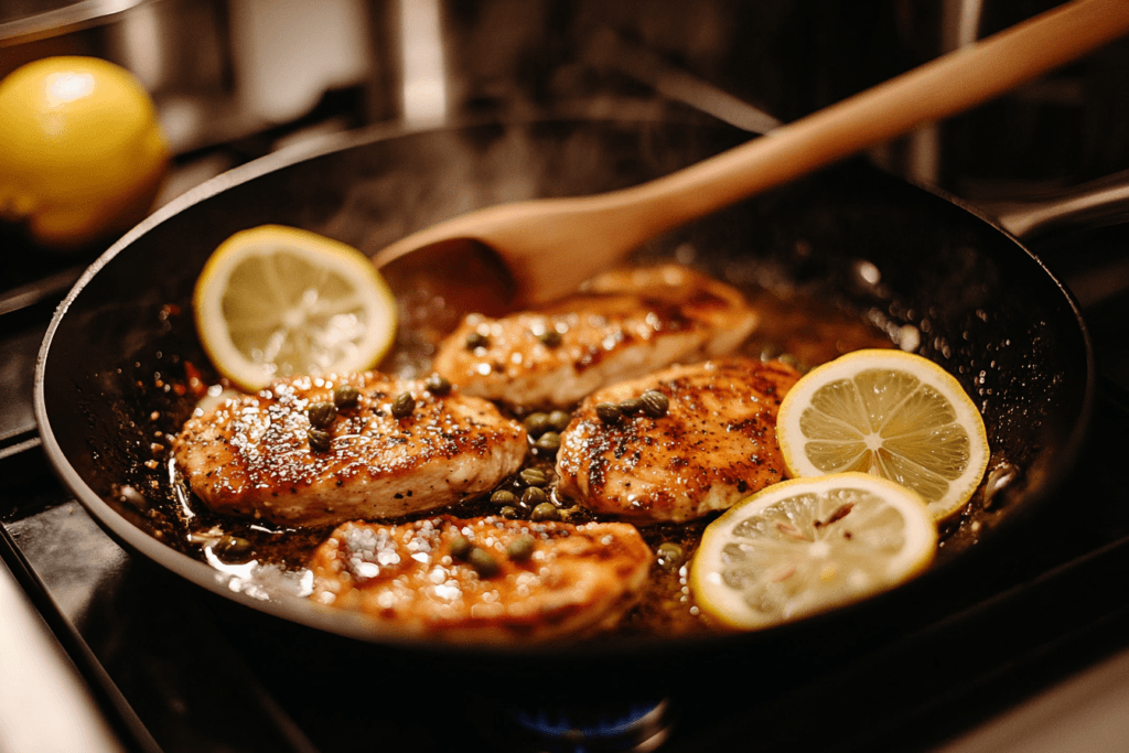 Golden chicken cutlets frying in a skillet with butter and olive oil, accompanied by fresh lemon slices and capers.

