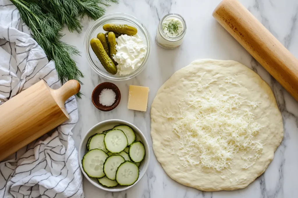 Flat lay of key ingredients for pickle pie pizza, including sliced pickles, shredded mozzarella, garlic sauce, fresh dill, and pizza dough.

