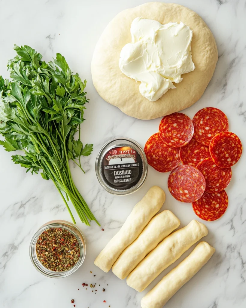 Key ingredients for pizza sticks, including dough, mozzarella sticks, pepperoni, and garlic butter, arranged neatly on a marble countertop.

