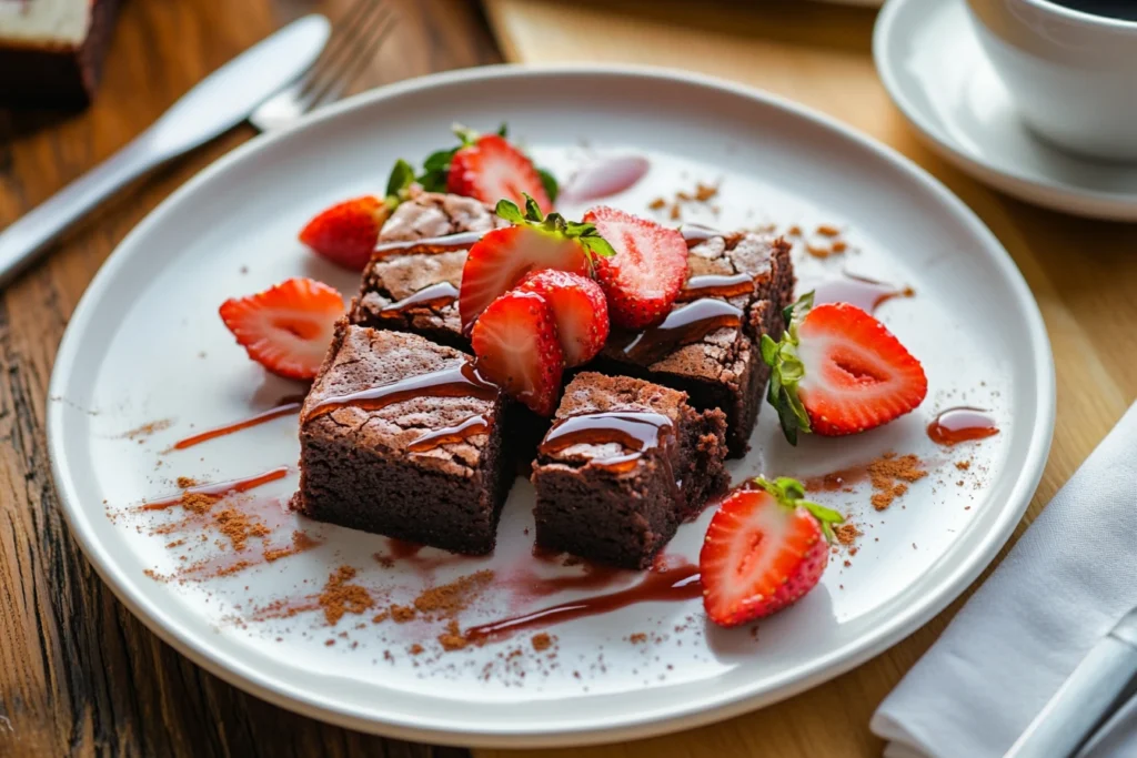 Sliced strawberry crunch brownies garnished with fresh strawberries and syrup, served on a white plate with coffee on the side. How long does it take to make strawberry crunch brownies

