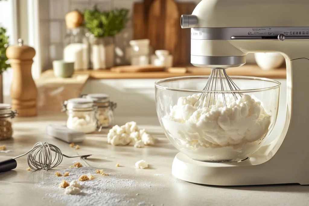 Whipped cloud cake mixture forming soft peaks in a glass bowl, creating the light texture for the perfect dessert.

