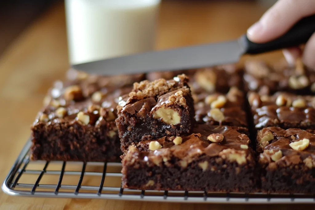 Nutty fudgy cake crumb brownies on a cooling rack, topped with chopped walnuts and a glass of milk in the background.

