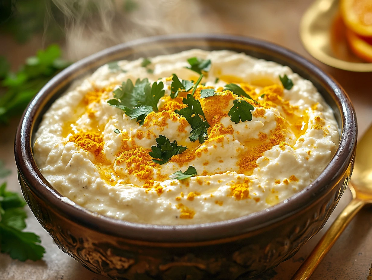 A bowl of orange cottage cheese dip garnished with parsley, turmeric, and orange zest, surrounded by fresh veggies and crackers.