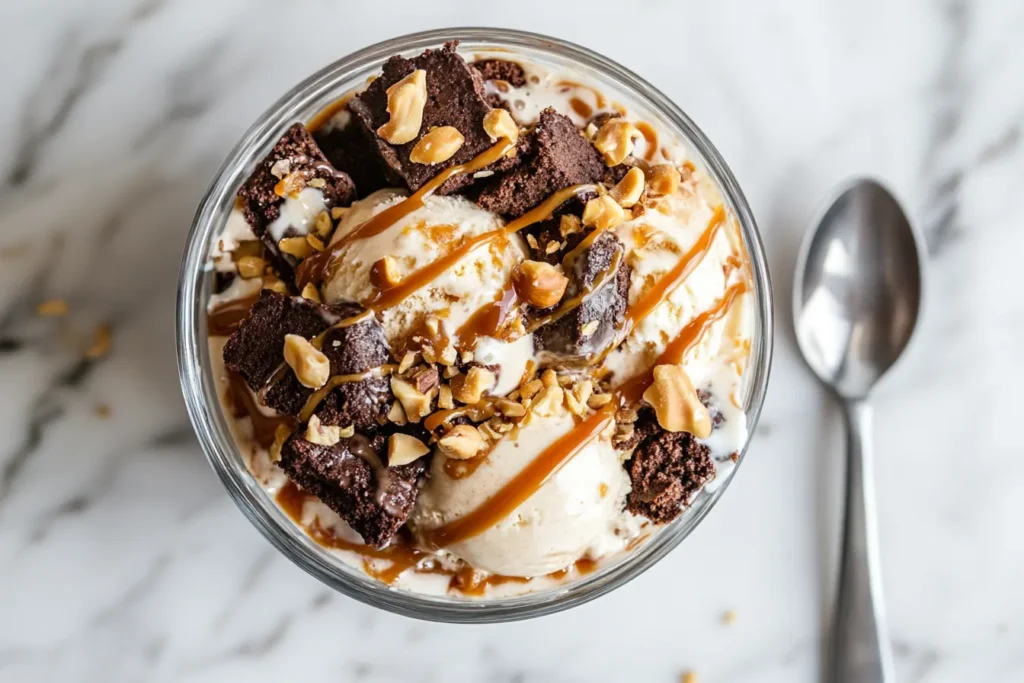 Close-up of peanut butter brownie boudle cheesecake ice cream in a glass bowl with caramel drizzle and crushed peanuts on a marble counter.