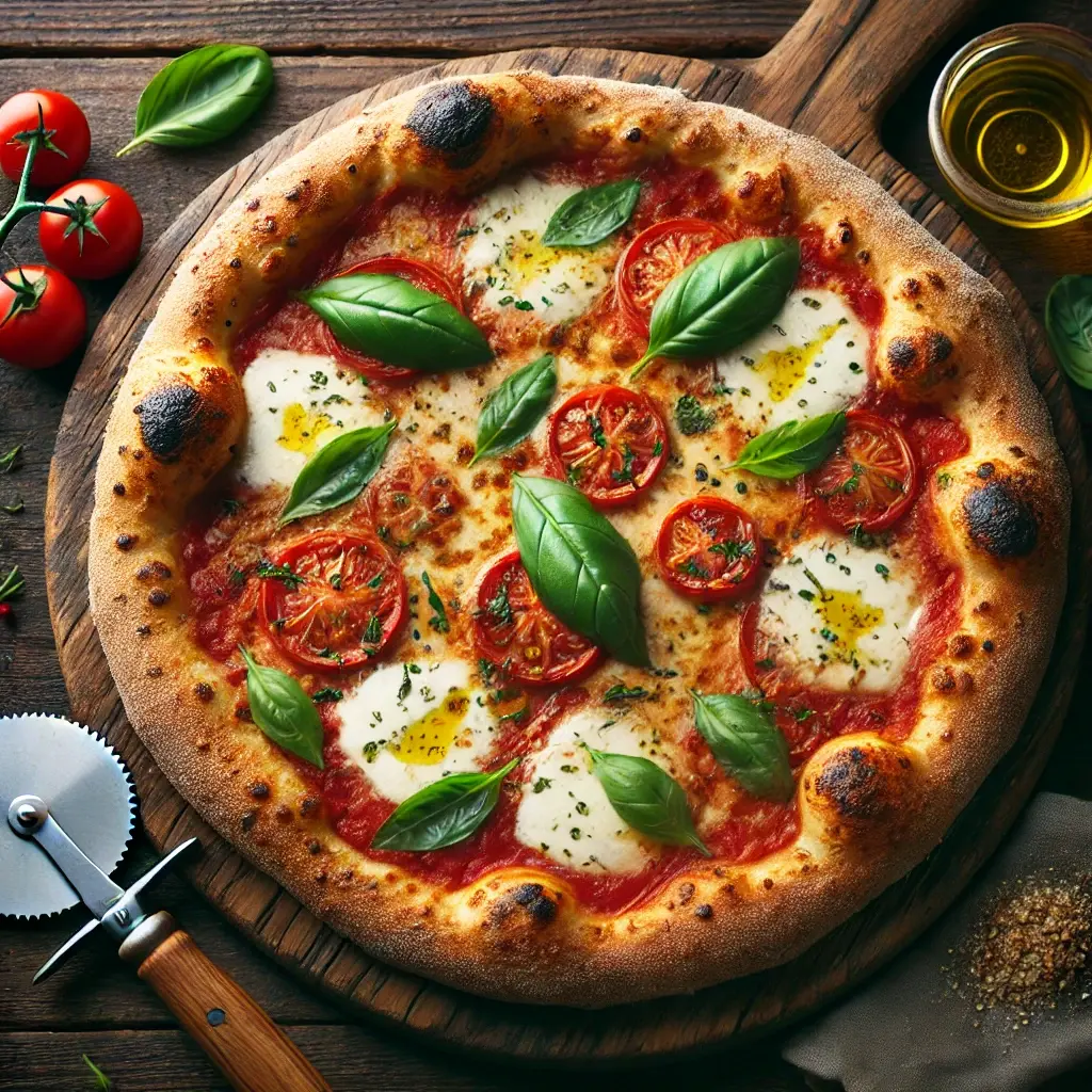 Sourdough discard pizza with a golden crust, topped with melted mozzarella, fresh basil, and tomato sauce on a rustic wooden table.